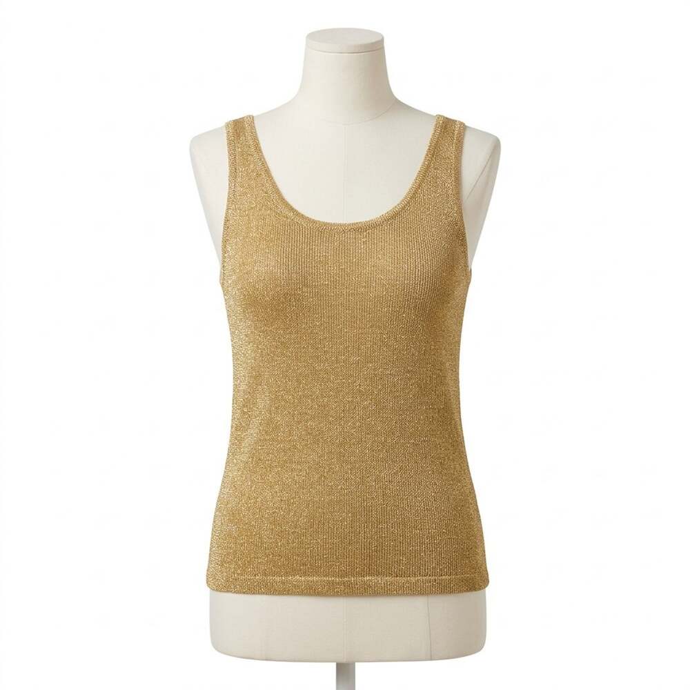 Vintage Cache Womens Small Gold Metallic Shimmer Knit Tank Top Sleeveless U Neck